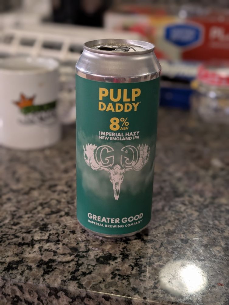 A photo of a can of Greater Good beer, Pulp Daddy. An 8% imperial hazy New England IPA