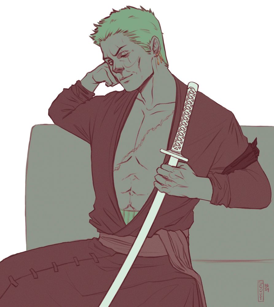 Zoro from One Piece lounging on a couch with his sword wado ichimonji in a green color scheme.