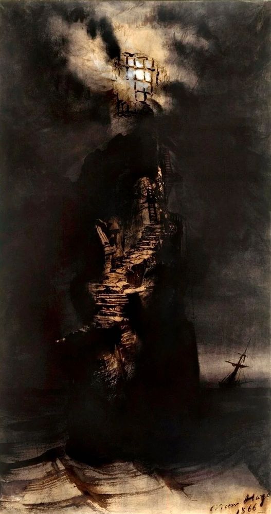 Victor Hugo ink painting of an a lighthouse. The picture is dark and moody. In the background is a ships mast