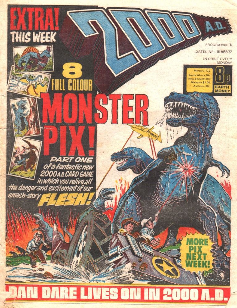 Cover of 2000AD showing cowboys in cars hunting dinosaurs for the comic strip FLESH 