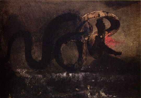 Victor Hugo ink painting of a giant curling snake flying over a darkened landscape. Its giant mouth is open wide and fire is erupting from it. 