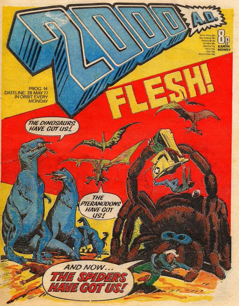 Cover of 2000AD showing a giant spider and dinosaurs for the FLESH story