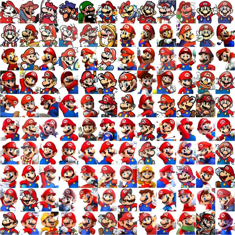 Illustrations and renders of Super Mario's evolving look over the decades.