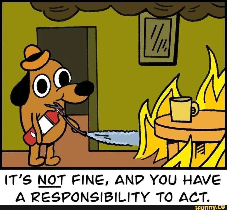 The "it's fine fire room" meme, but the dog now has a fire extinguisher and is putting out the fire. The text reads: It's NOT fine, and you have the responsibility to act". 