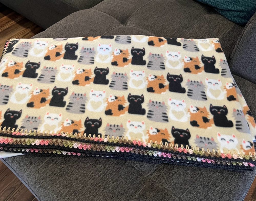 Fleece blanket with multicolor crochet edge - pattern on fleece is cute little kittens with pink noses. 