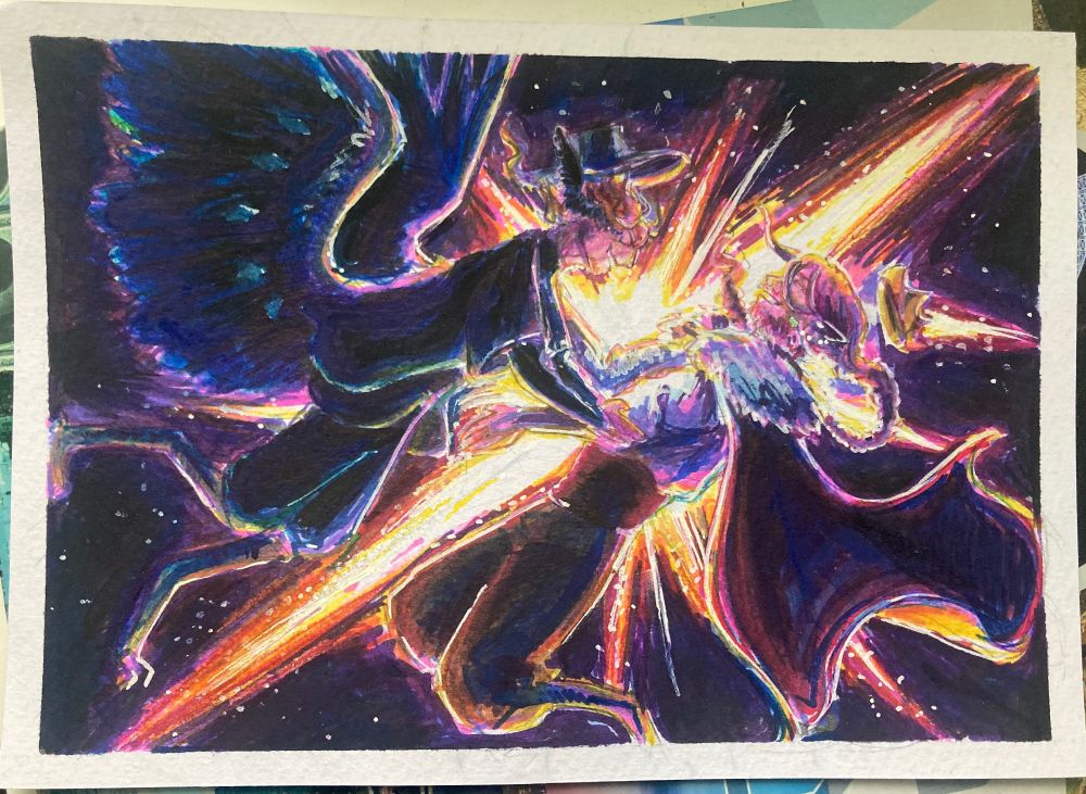 The raw photo of the drawing taken in daylight, the colors here are less saturated and colder and the blacks are way more gray 