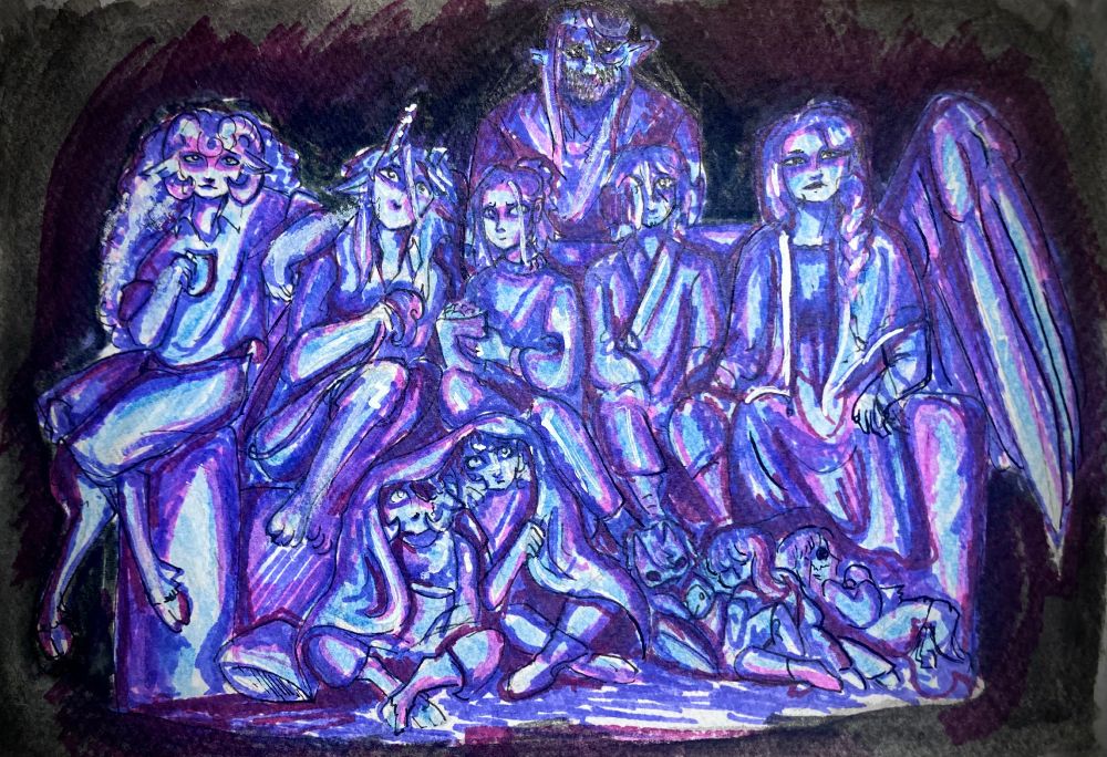 A coloured drawing of a group of characters sitting on a couch lit by the blue light from a tv screen. From the left, Puffy sits perched on the arm rest, mug in her hand and a curious expression on her face as she leans in Ranboo, they appear terrified, gripping their tail, and are folded in on themself leaning closer to Niki, she leans closer to them, a scared expression on her face, holding a popcorn bucket. Next to them, Phil and Kristin sit upright, holding hands,  Phil’s wings wrap around Ranboo and Niki from his right and around Kristin from his left. On the floor, near Niki and Ranboo’s legs, Tubbo and Tommy huddle under the blanket together as they fearfully watch on. Next to them, Chayanne, Tallulah and Michael lay on the ground asleep, Chayanne leaning on Tommy’s leg and the other kids leaning on each other like the most adorable fallen domino. Behind the couch stands Technoblade, looking like an absolute cryptid