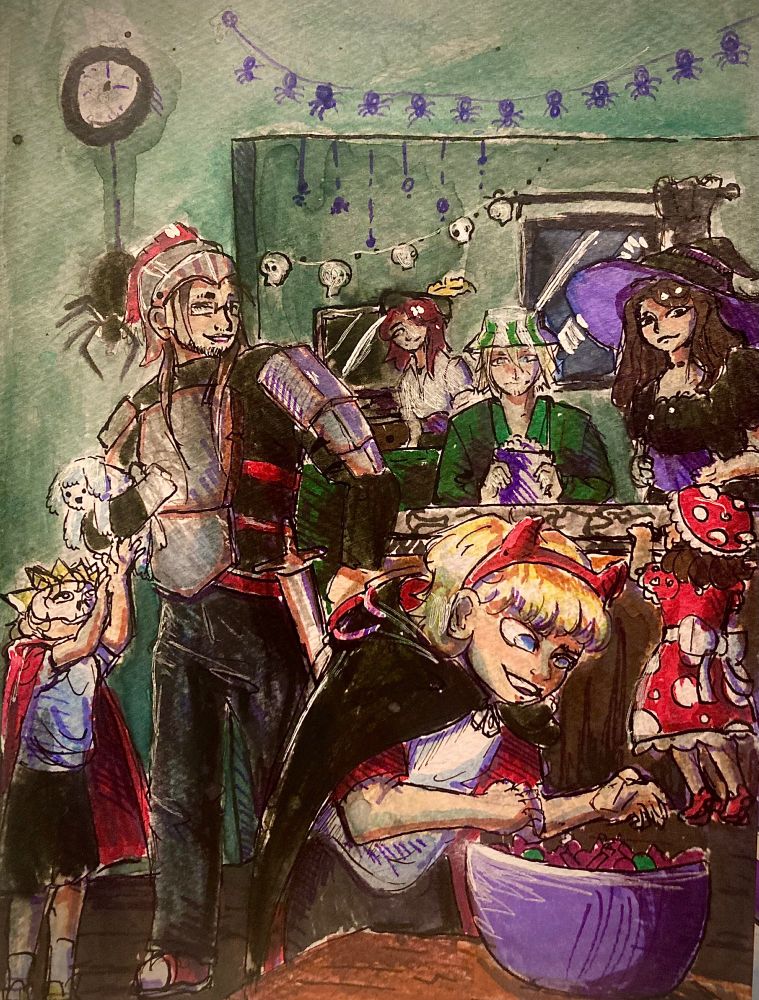 A coloured drawing of a Contemporary AU sbi costume party, with Chaianne, Talulah and the artist also included. From the front, Tommy is dressed in his usual red and white t-shirt, with a black cape over it and a red horns headband on his head, he is hunched over a bowl of sweets with grabby hands and a mischievous smile on his face. Farther back, there are Chaianne and Technoblade, with Chaianne reaching up to pet Floof in Techno’s arms. Chaianne is wearing a blue t-shirt and black shorts, with a red cape, on his head there is a paper crown and a skull mask, while Techno is wearing a cardboard cutout armour over casual clothes, he is also wearing rectangular glasses and his hair is brown dyed pink. Beyond the arch, Talulah stands on he tippy toes to see over the counter, she is wearing a mushroom hat and dress. Behind the counter are Philza and Kristin, holding bowls of snacks. Phil is dressed as Urahara from bleach while Kristin is dressed in a black dress and a black witch hat with a purple underside. In the background, the Artist’s shameless plug stands, with reddish pink hair, dressed as a pirate.