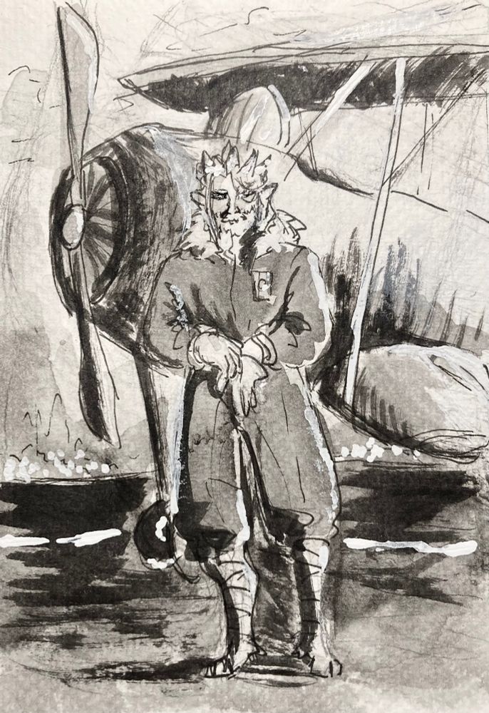 An inked drawing of Technoblade in an aviator uniform standing in front of an old school plane.