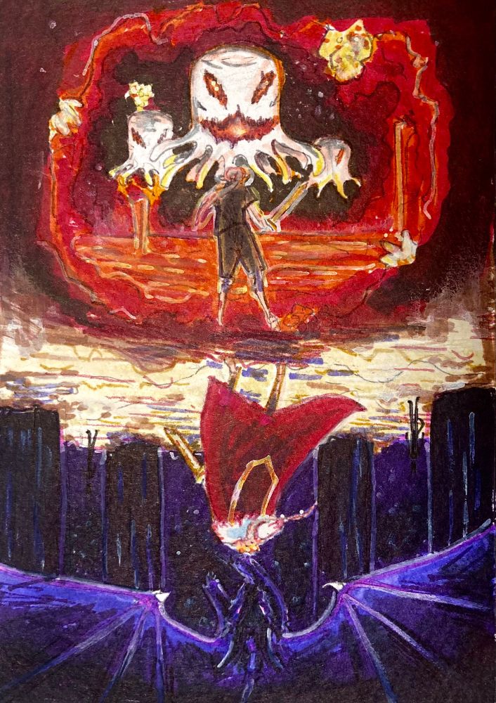 A coloured drawing split in half, the upper half shows a younger version of Techno, in The Nether, dressed in rags, facing off against three ghasts, on the lower half, flipped 180 degrees, the drawing shows Technoblade in The End, cape flowing and sword readied, preparing to fight the ender dragon that is charging at him, . 