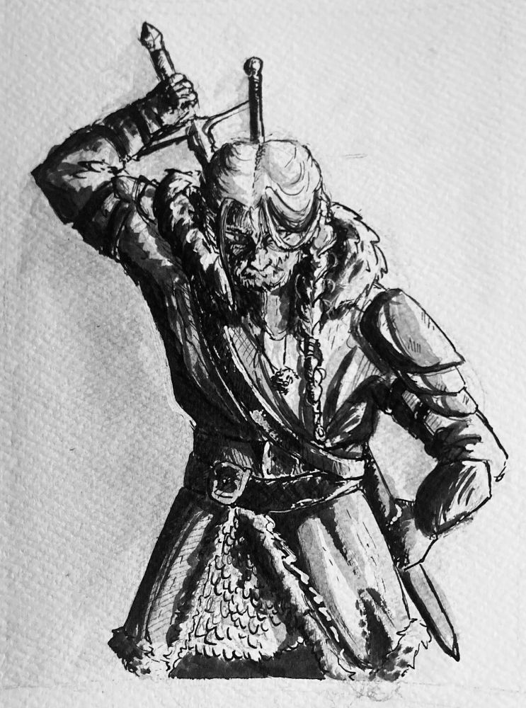 An inked drawing of the Witcher Technoblade, reaching for a sword on his back, shaded quite dramatically. He is dressed in a tunic, with a fur hood, shoulder armour and chainmail underneath. He is wearing two belts around his waist and one from the sword sheath. His hair is braided and rests on his left shoulder. The Witcher necklace is a hog head. 