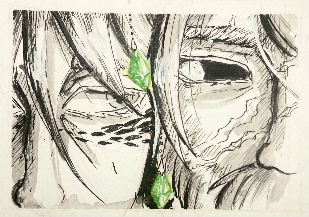 An ink drawing showing a close up of Philza and Technoblade’s eyes next to each other, with two vibrant green emeralds dangling in the middle. 