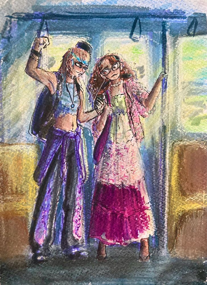 A drawing of a what if GunnTech never happened au Kore and Kit, standing in a tube, listening to music using a single pair of headphones, lit by the sun coming through the windows. On the left, Kore now has a dirty blonde mullet dyed blue at the ends. they’re wearing a lacy black choker, their signature star earring and blue necklace, a blue sleeveless crop top with a ribcage pattern, black baggy pants with long cut outs for purple patches of patterned fabric, a purple flannel tied around their waist. On their back they have a guitar case and she’s holding the phone connected to the earphones. On the right, Kit still has her long curly brown hair but it’s tied back with a rolled up black bandana. She’s wearing a light pink knit cardigan, a soft light green top with a see-through bottom half, a long dark magenta skirt with a shorter lace skirt layered over. 