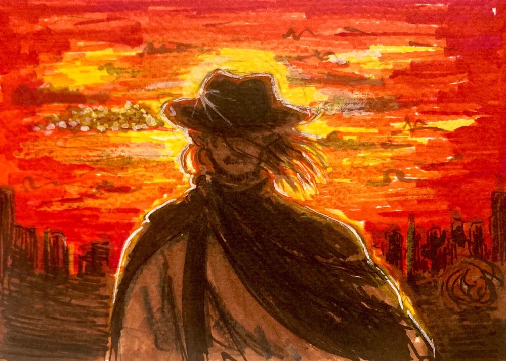 A coloured drawing of Sheriff Technoblade, his hair and half cloak flowing, the hat covering his eyes, backlit by a sunset.