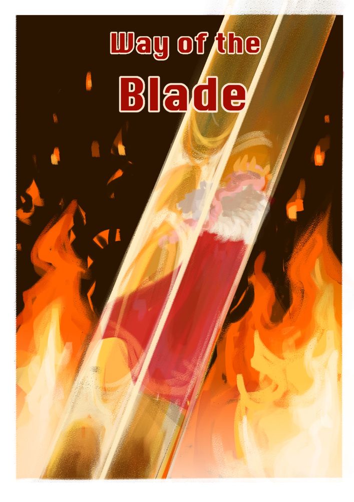 A digital drawing of a golden sword lit by fire with the back silhouette of Technoblade reflected in it With the text above reading „Way of the Blade”