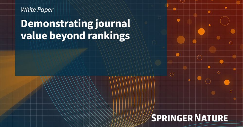 Promotional image for a white paper titled 'Demonstrating journal value beyond rankings' by Springer Nature. The background features abstract geometric designs with curved lines and circles in shades of blue, orange, and red."