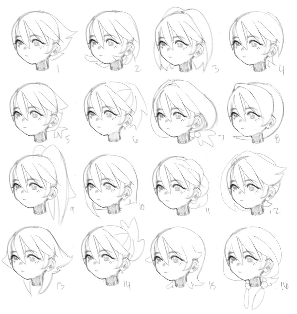 🐓 concept art of 16 hair styles meant for a child-soldier clone type character