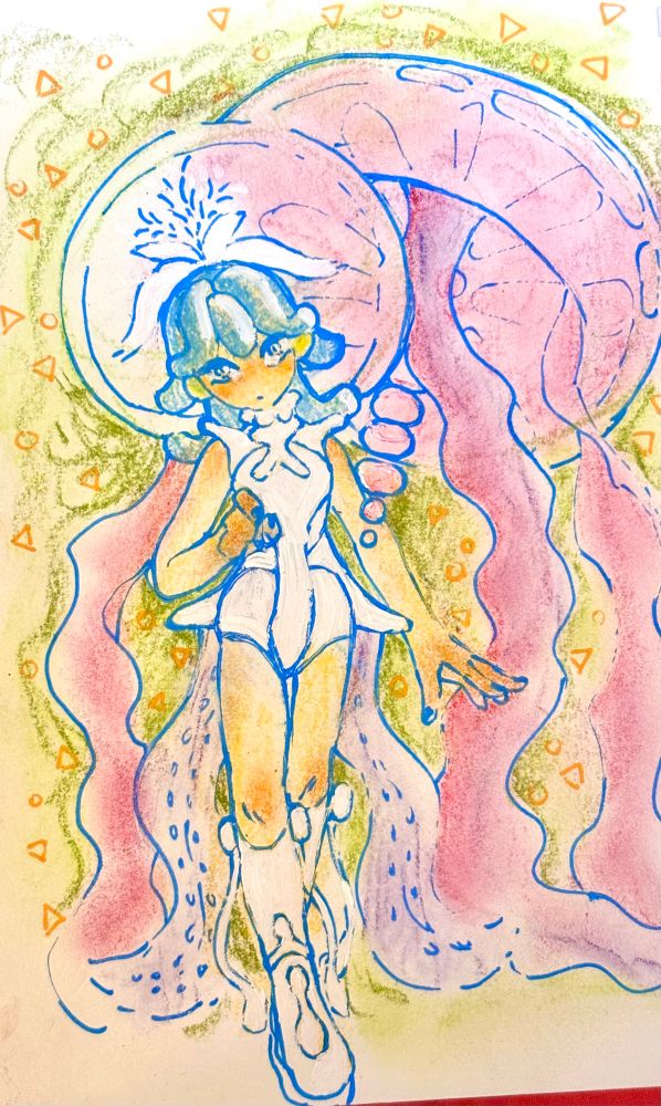 🐓 Photo of a sketch page, drawn with neon blue pen and colored with touches of oil pastel. Features a feminine figures in an alien body-suit with tentacled detailing. Her head carries a large bubble-like hat, which encapsulates an alien flower growing from her scalp. Behind her is a massive jelly-fish type creature, its wide flat tentacles ribbon down the page. The background is a messy sickly green, patterned with bright orange triangles and circles.