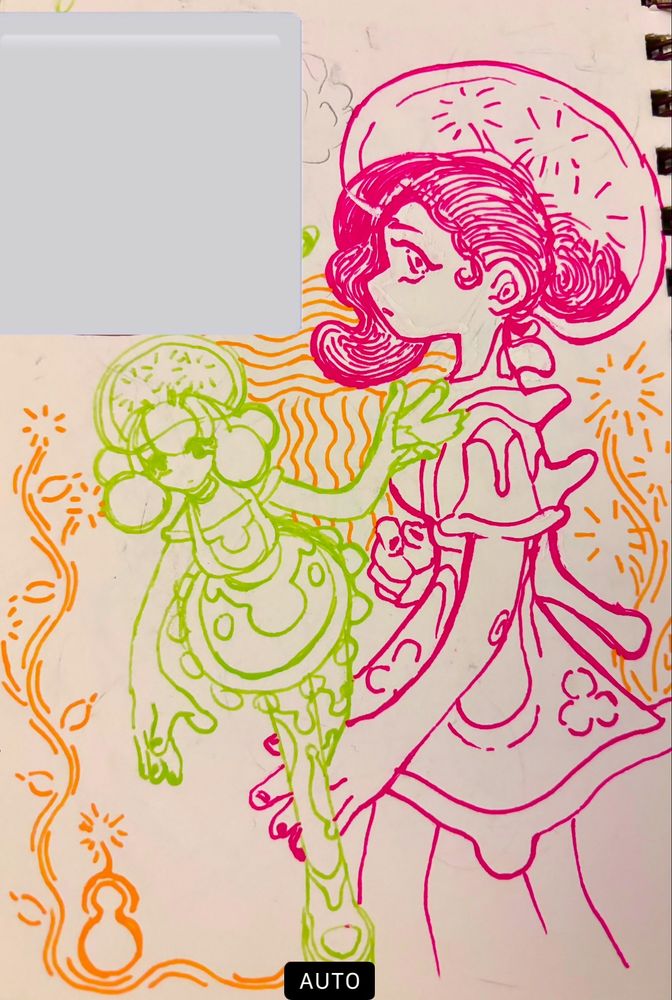 🐓 Photo of sketchbook page, drawn with bright, neon greens, pinks, and oranges. Two feminine figures wearing bubbly, organic, alien-looking dresses adorn the page, surrounded by abstract patterns and alien-plants that border the page. They both wear what looks like jellyfish’s body on their head, which seem to incubate alien flowers. 