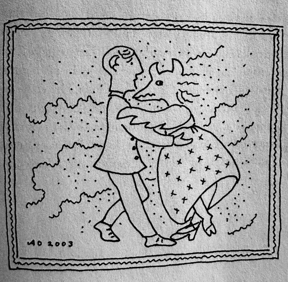 Aulikki Oksasen piirtämä kuva, jossa Mylly-Mikko eli koulun rehtori tanssittaa häntä ylioppilasjuhlissa. 