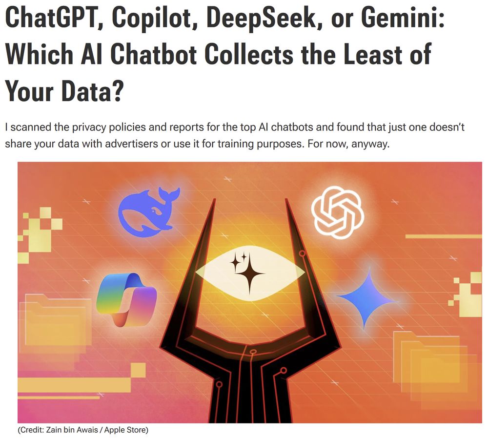 Kuvakaappaus PCMagin uutisesta. Otsikko on "ChatGPT, Copilot, DeepSeek, or Gemini: Which AI Chatbot Collects the Least of Your Data?". Ingressi on "I scanned the privacy policies and reports for the top AI chatbots and found that just one doesn’t share your data with advertisers or use it for training purposes. For now, anyway." Sitten on kuvituskuva, jossa on piirrettynä Sauronin silmä, jota ympäröivät eri tekoälyjen logot. Alla kuvateksti "(Credit: Zain bin Awais / Apple Store)".