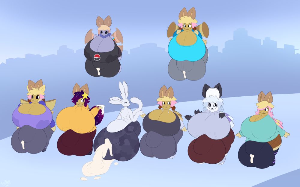 A drawing featuring 7 anthropomorphic moths and one guardian spirit.