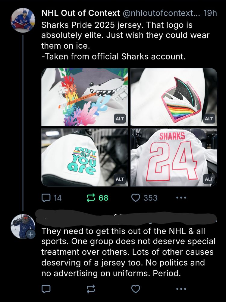 Dickhead: "They need to get this out of the NHL & all sports. One group does not deserve special treatment over others. Lots of other causes deserving of a jersey too. No politics and novadvertising on uniforms. Period.