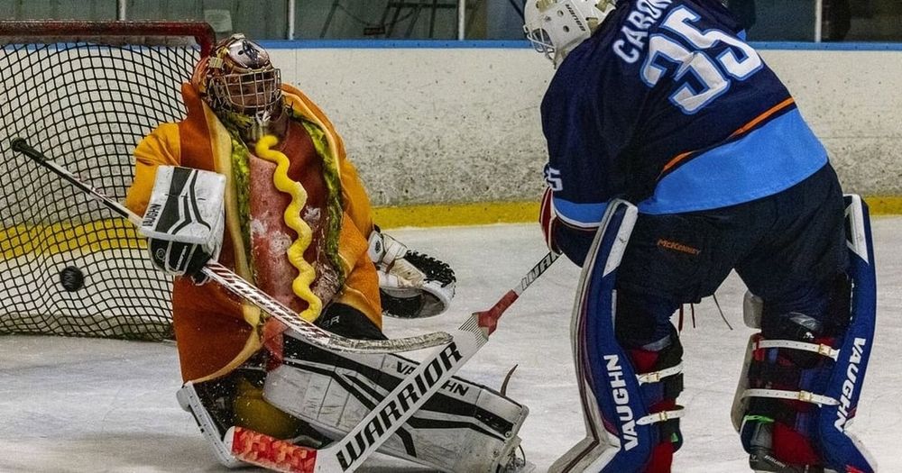 A goalie in a hotdog costume. Yes, you read that correctly