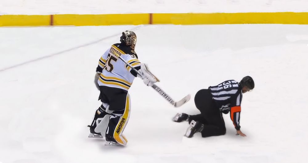 Khudobin spanking a ref