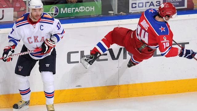 Khl player skating along the boards