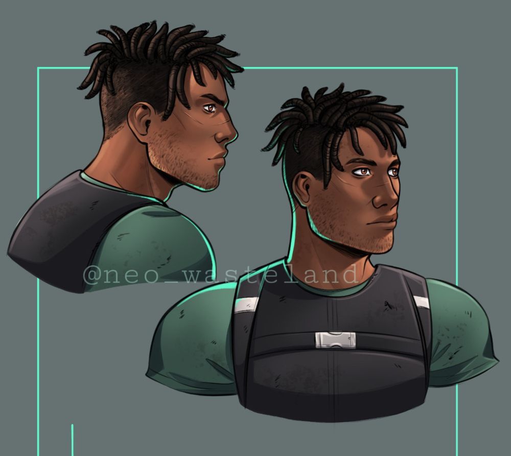 Image shows two facial references of my character Tyres.