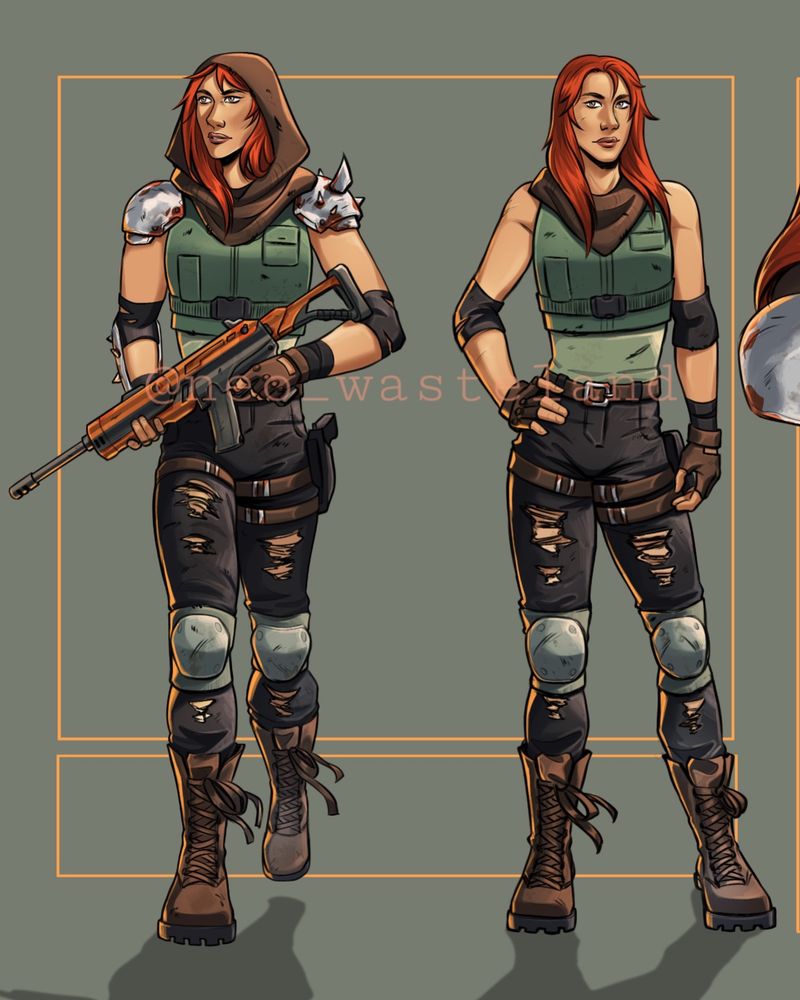 Image shows my character in to different poses. She has red hair and a gun.
