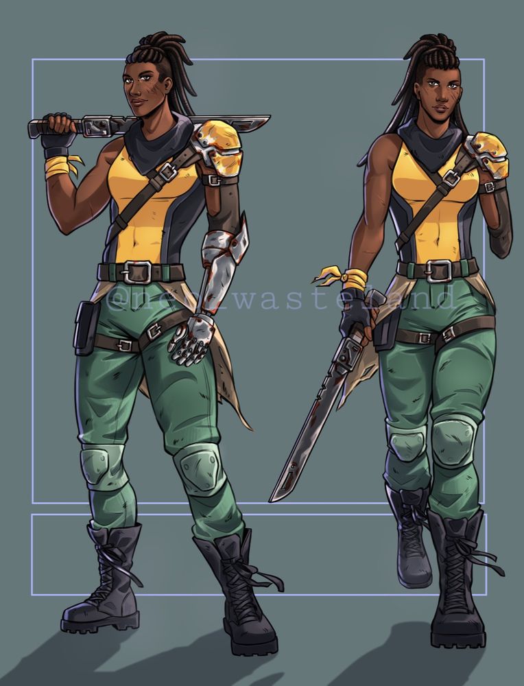 Image shows my character in two different full body poses. Malika is wearing her arm prosthesis in the first artwork and she also has a blade.