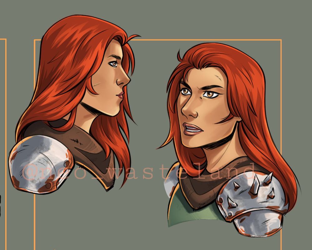 Image shows two facial references for my character, one profile shot and a 3/4 shot.