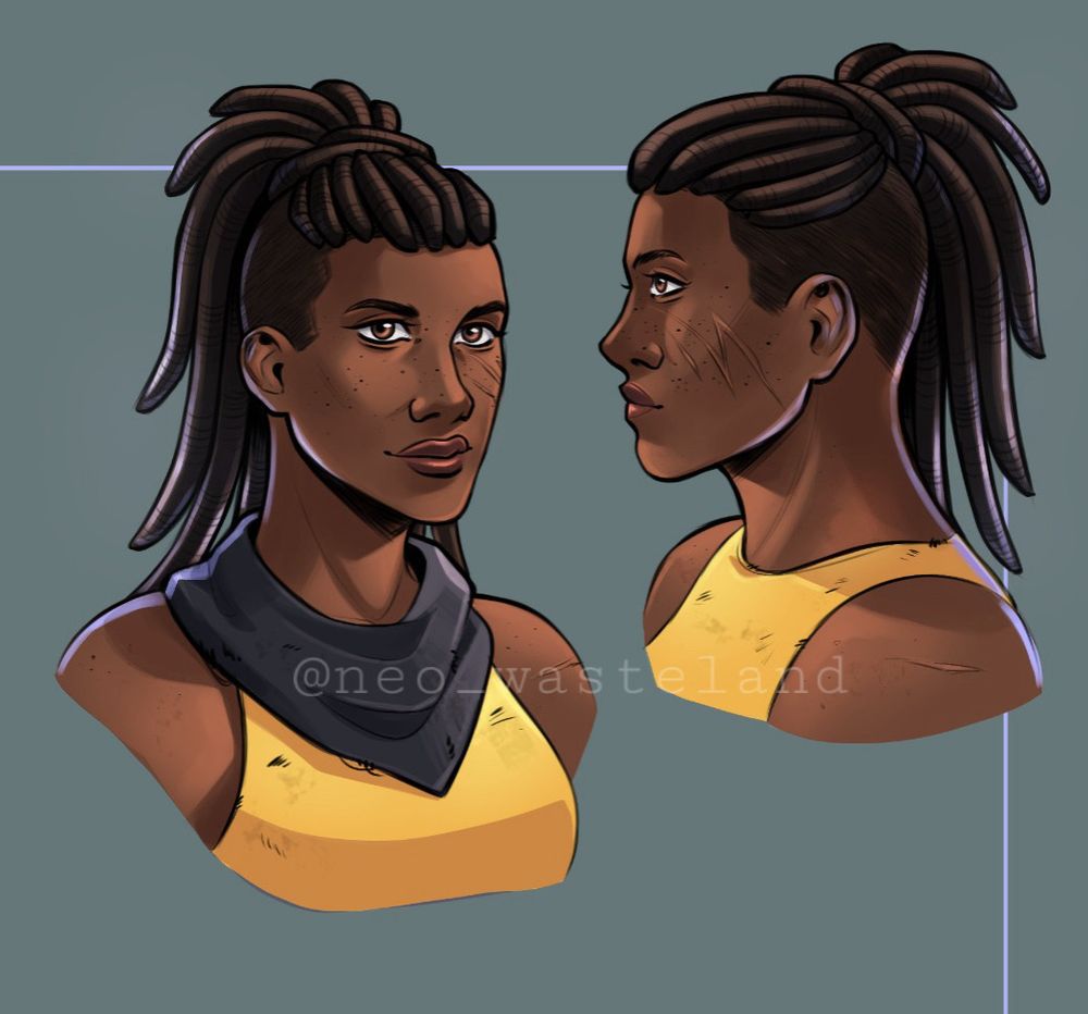 Image shows two facial references for my character Malika, one side portrait and one 3/4 portrait.