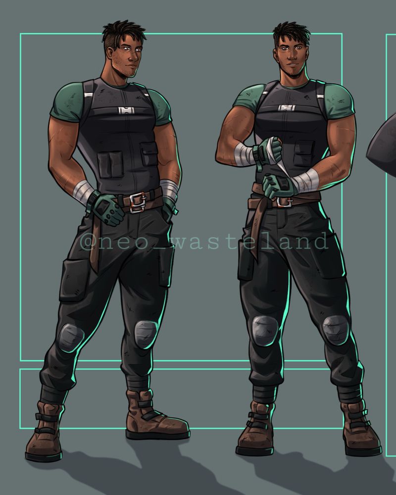 Image shows two full body poses of my character Tyres.