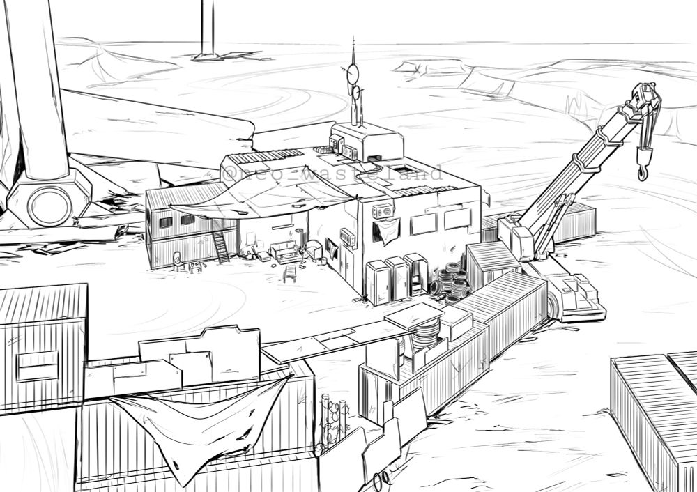 Image shows a place that is made out of ship containers. There is also a broken wind turbine and a crane in the picture. The place is located in the desert.