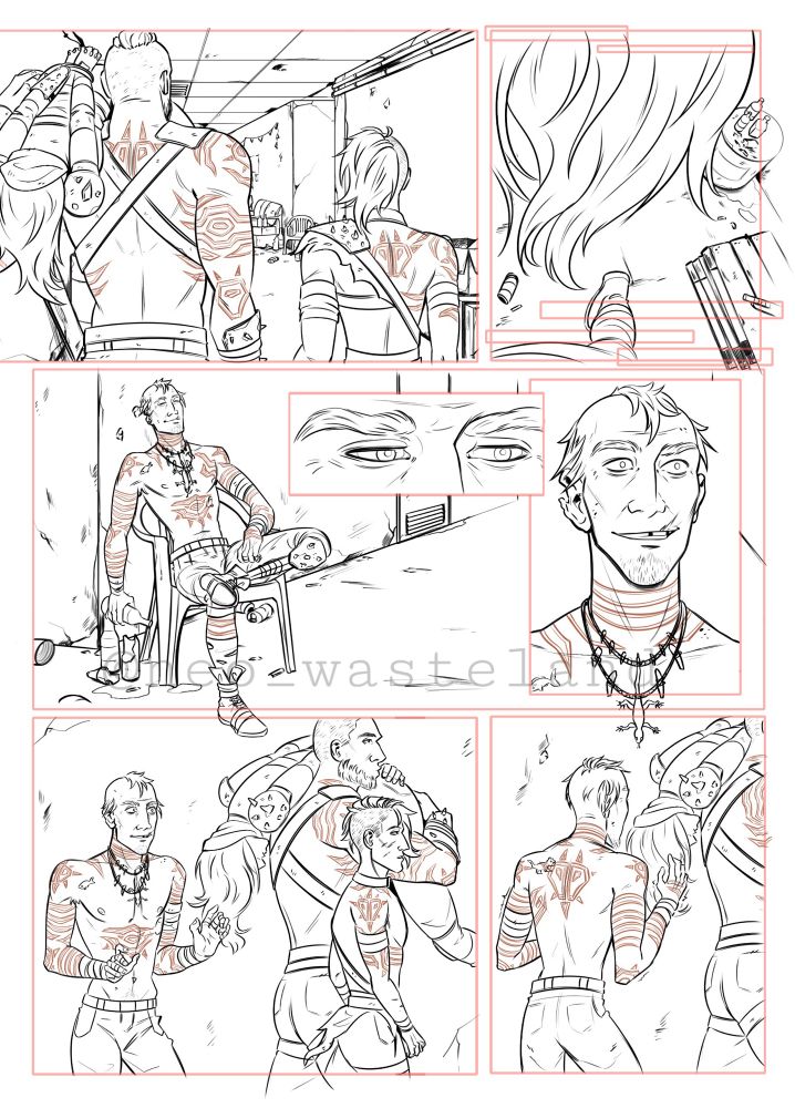 Image shows a comic page in progress, only lineart so far. The page has 7 Panel and shows Raiders talking about something.