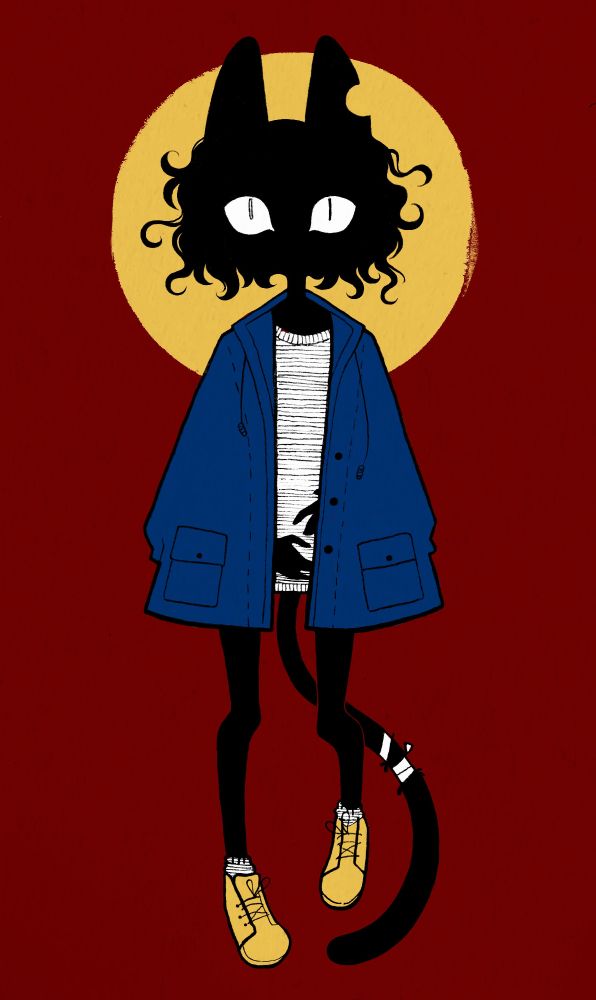 a solid black anthropomorphic cat with only the eyes visible on the face. they have short curly hair and a circle-shaped chunk taken out of one ear. they are wearing a blue coat and a striped shirt underneath with red sneakers, and their tail is bandaged. the background is red with a yellow circle behind their head