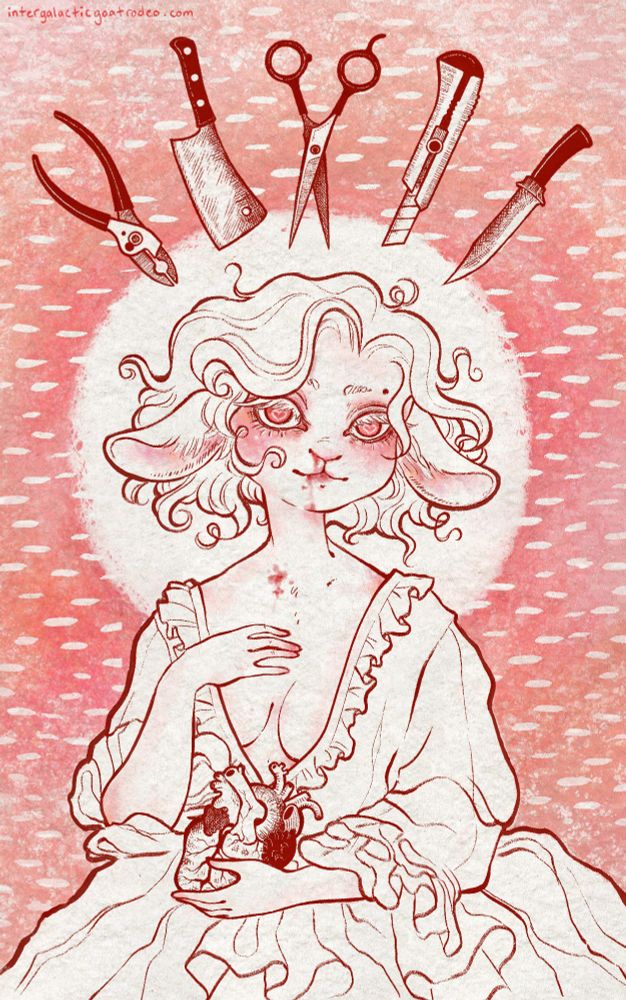 illustration of a lamb girl in rumpled white garment, with white eyelashes and a nosebleed dripping down onto her chest, one hand posed and the other cradling a human heart. various sharp instruments are pointed at her head: pilers, a cleaver, scissors, a box cutter, a knife. the entire illustration is done in shades of pink, red, and white