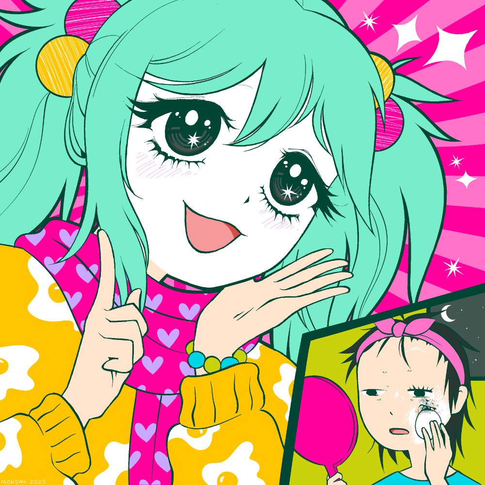 colorfully dressed character in a miku wig with huge sparkly shoujo anime eyes and heavy white makeup posing delightfully with a pink sparkly background. in the lower right corner he is seen taking his makeup off at night looking bleakly into a hand mirror