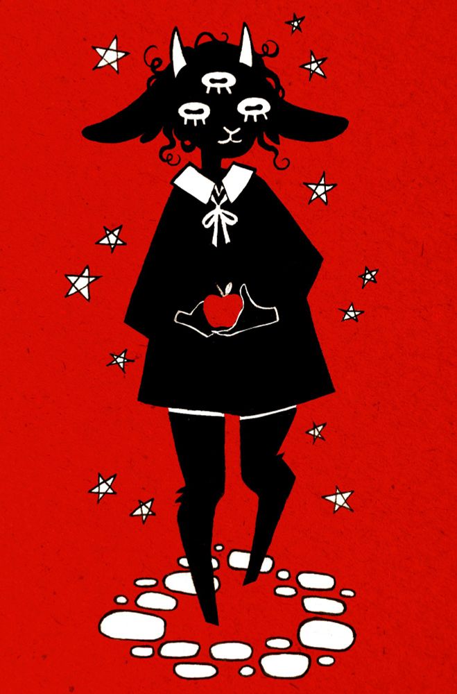 a three-eyed solid black anthropomorphic goat is holding an apple against a red background, standing in a tile circle, surrounded by stars