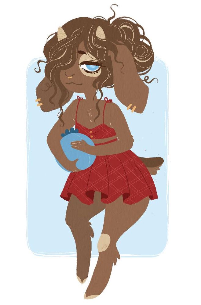 tavi, a brown goat girl gold ear and septum piercings and cream colored spots on her fur, wearing a red two-piece dress and holding a big plush blueberry