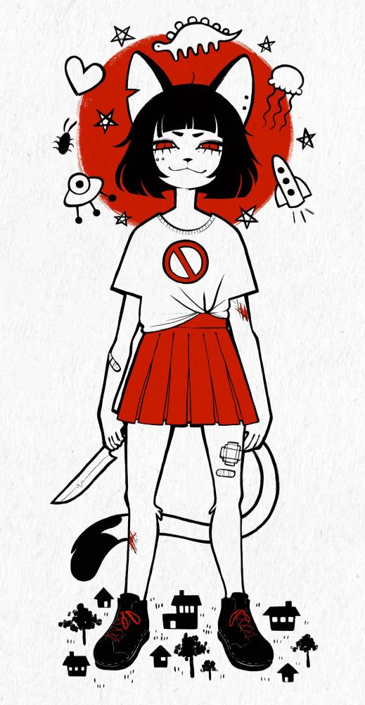 black, white, and red illustration. cat girl with a black bob, holding a knife, standing over some tiny trees and houses. she has a red circle behind her head with crude drawings of a dino, a jellyfish, some spaceships. her shirt has the NO symbol on it (circle with a cross through it) and she has bandages on her leg