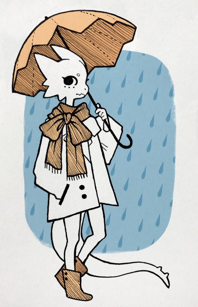 lizard girl in a raincoat with a bow-shaped scarf, an umbrella, and yellow boots, against a rainy backdrop