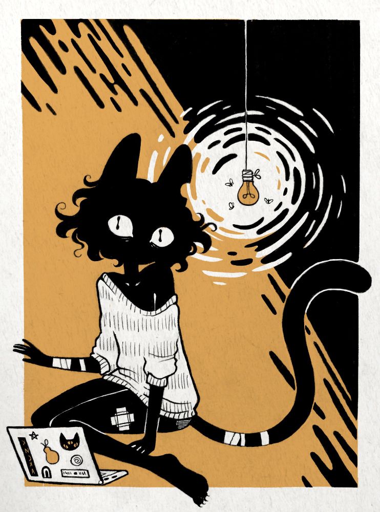 mote, a solid black anthropomorphic cat with short wavy hair and bandages on their body, sitting on the floor in front of a laptop. a lightbulb is hanging from the ceiling with bugs gathering around it