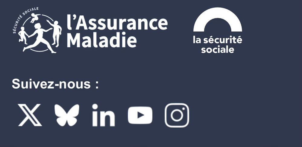 L’assurance maladie avec un “suivez nous”
Il y a les logo de X, le papillon de bluesky, le in de linkedin, le logo avec un triangle de youtube et celui de l’appareil photo d’insta.