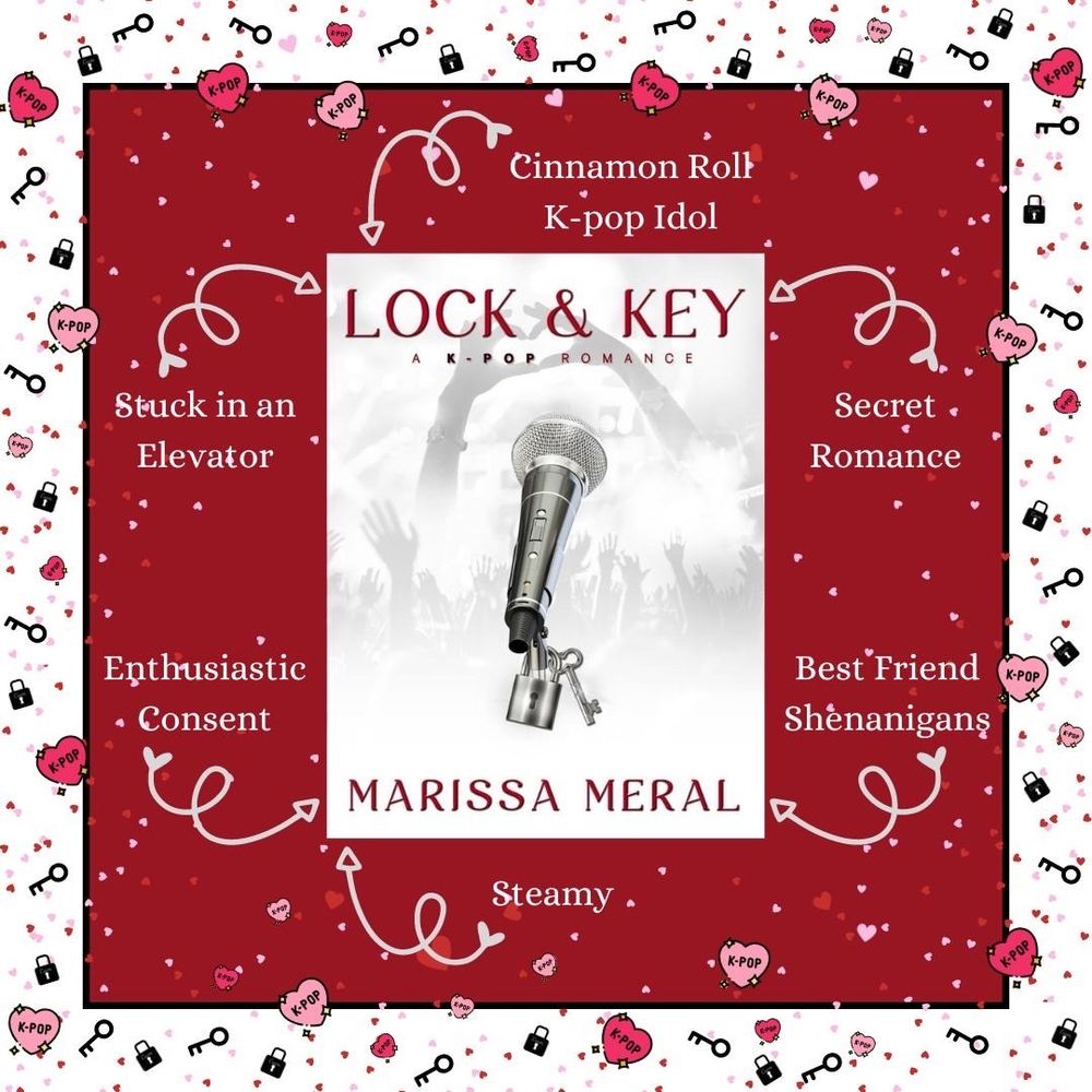 Trope map for the romance novel Lock and Key. Book cover in the center, red border with tiny hearts, locks, and keys. Tropes written and pointing to the cover: Steamy, Best Friend Shenanigans, Enthusiastic Consent, Stuck in an Elevator, Secret Romance, Cinnamon Roll K-pop Idol