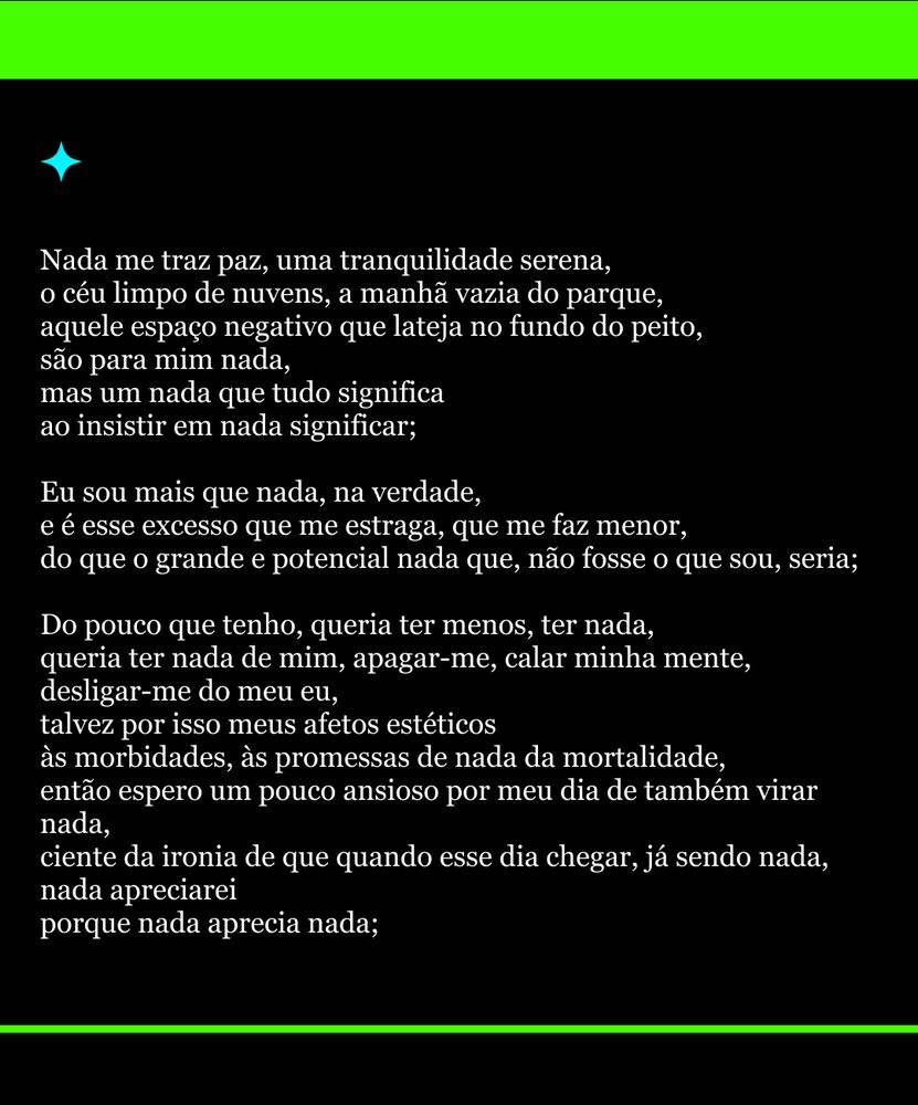 Poema sob fundo preto. Linha fina verde acima e abaixo. Uma estrelinha azul no fundo.