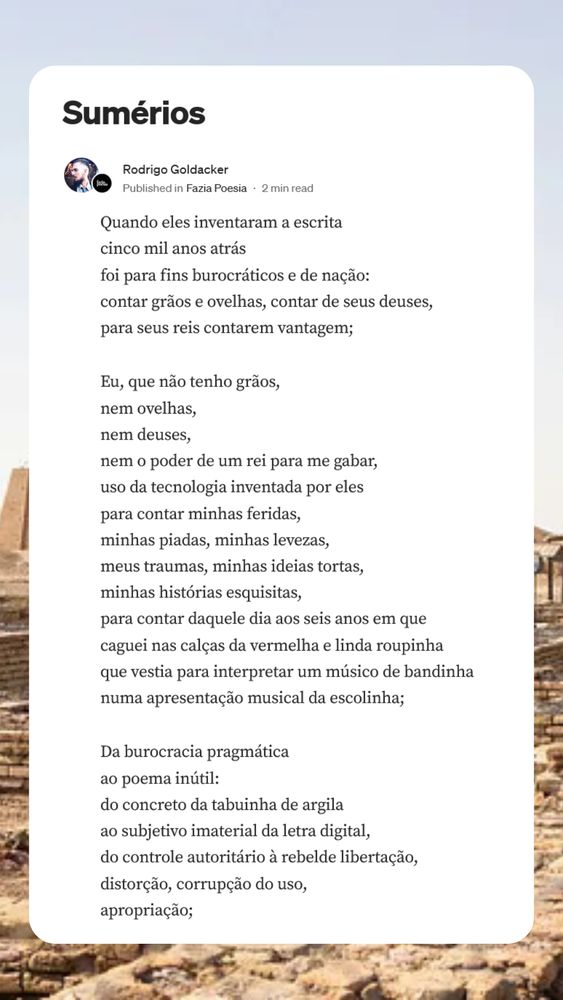 FUndo com uma imagem de ruína dos sumérios. Acima, poema em fonte preta numa caixa de fundo branco.